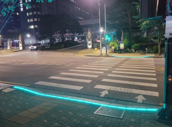 바닥형 보행신호등이 설치된 횡단보도 모습
